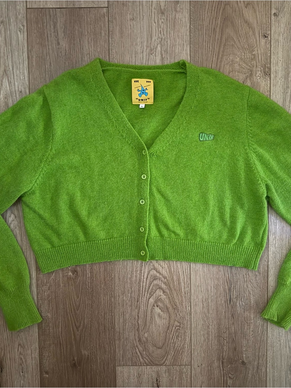 UNIF Liv Cropped Fuzzy Cardigan Sweater Lime Green Angora Blend Size XL